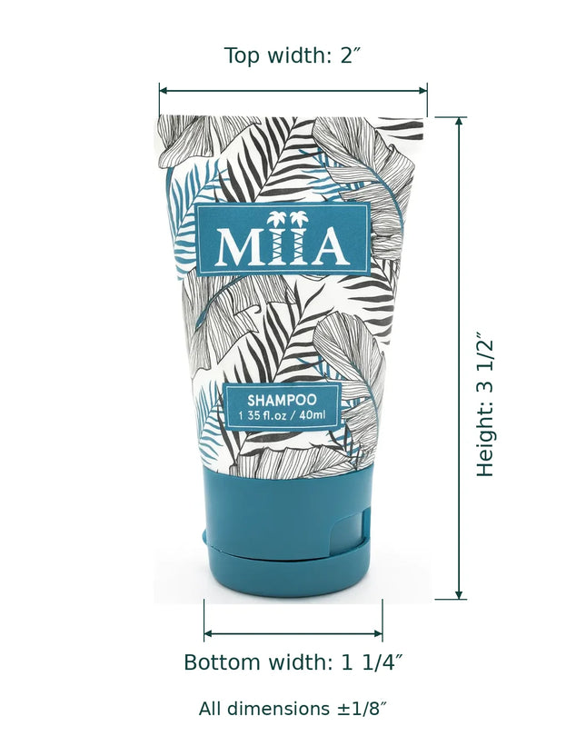 A shampoo squeeze tube with dimension callouts showing top width 2 inches, height 3 1/2 inches, and bottom width 1 1/4 inches on a white background.
