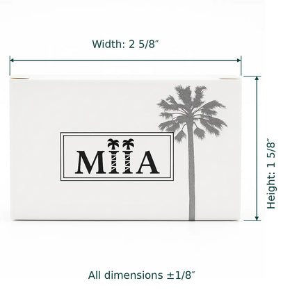 White product box with a black palm tree graphic and the letters 'MIA' in a rectangular frame, shown with dimension lines indicating width 2 5/8" and height 1 1/8" on a white background.