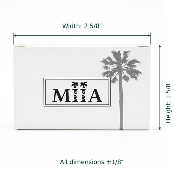 White product box with a black palm tree graphic and the letters 'MIA' in a rectangular frame, shown with dimension lines indicating width 2 5/8" and height 1 1/8" on a white background.