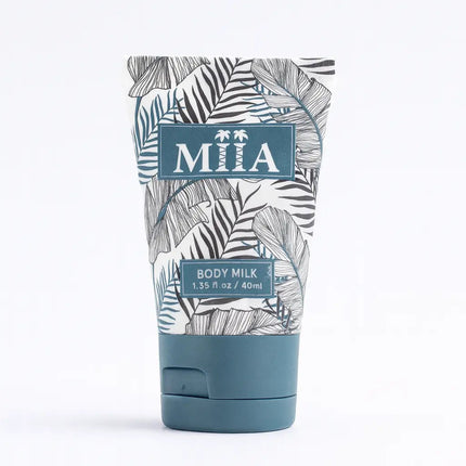 picture of tube with medium blue cap and the letters MIIA and body milk written on it