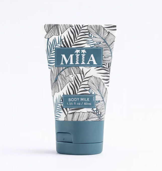 picture of tube with medium blue cap and the letters MIIA and body milk written on it