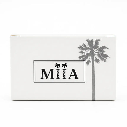 White box with 'MIA' branding and palm tree design on a white background