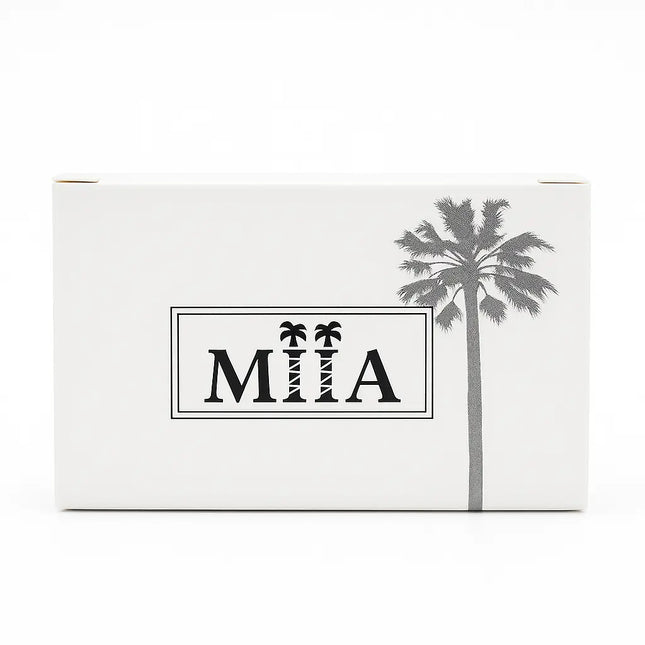 White box with 'MIA' branding and palm tree design on a white background