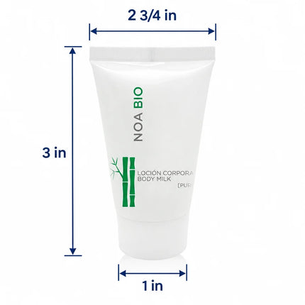 A white squeeze tube of NOA BIO body milk with blue dimension arrows and text showing its size as 2 3/4 in wide, 3 in tall, and 1 in from the base, on a white background.