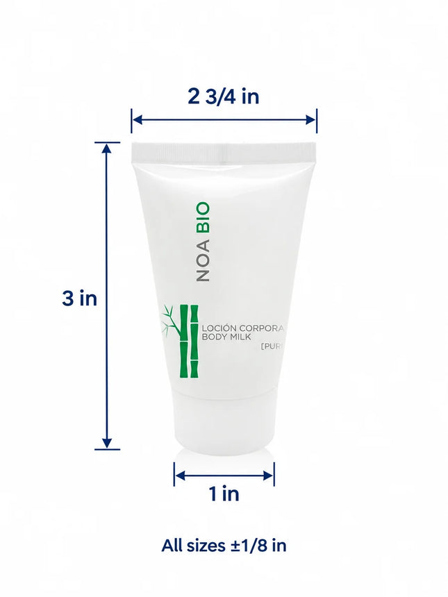 A white squeeze tube of NOA BIO body milk with blue dimension arrows and text showing its size as 2 3/4 in wide, 3 in tall, and 1 in from the base, on a white background.