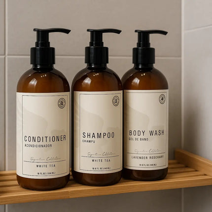 hotel soap and shampoo dispenser on a bathroom