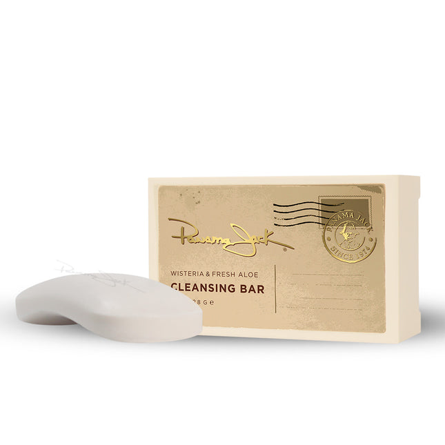 Cleansing bar and packaging with branding on a white background