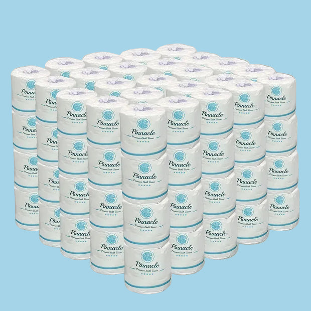 Multiple rolls of Pinnacle toilet paper stacked on a white background