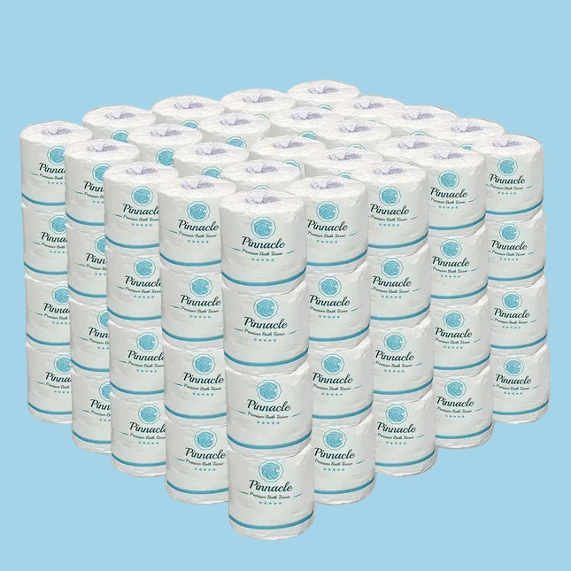 Multiple rolls of Pinnacle toilet paper stacked on a white background
