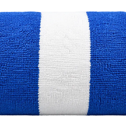 A rolled-up terry cloth towel with alternating blue and white stripes, shown against a plain white background.