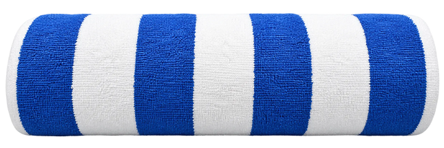 A rolled-up terry cloth towel with alternating blue and white stripes, shown against a plain white background.