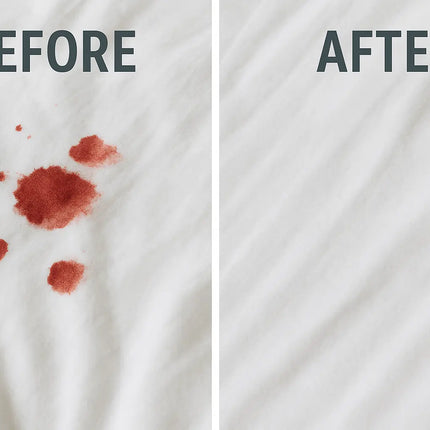 before and after of red stain on tone on tone white bed sheet