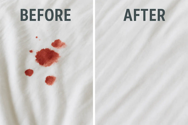before and after of red stain on tone on tone white bed sheet