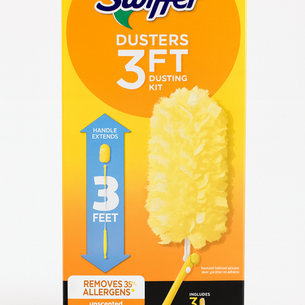 Swiffer duster packaging with a yellow duster on an orange background