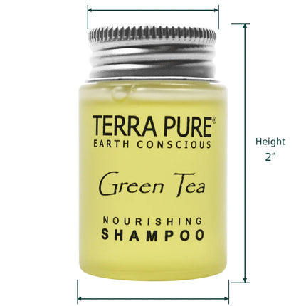 A small jar of Terra Pure Green Tea Nourishing Shampoo on a white background with dimension lines showing top width 1 inches, height 2 inches, and bottom width 1 1/4 inches.