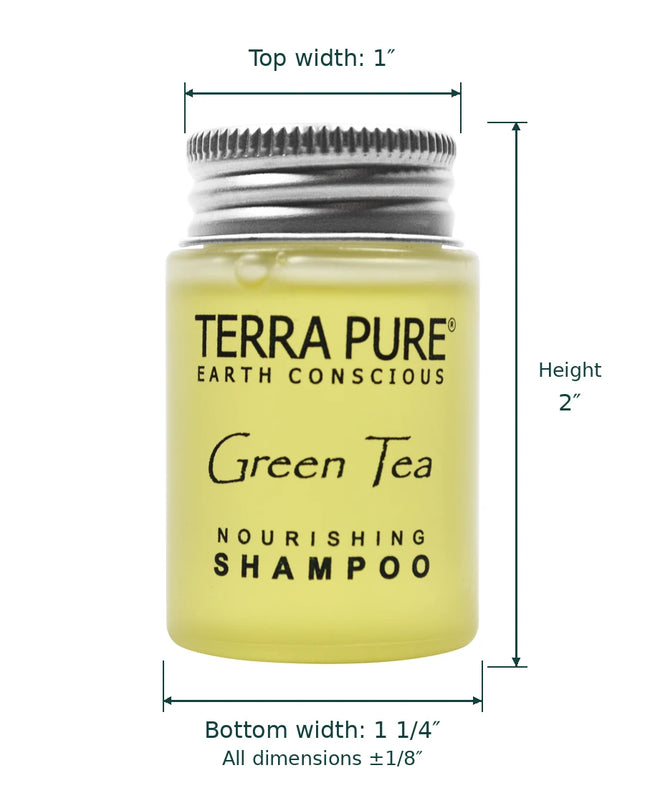 A small jar of Terra Pure Green Tea Nourishing Shampoo on a white background with dimension lines showing top width 1 inches, height 2 inches, and bottom width 1 1/4 inches.