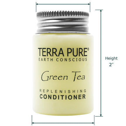 A small jar of Terra Pure Earth Conscious Green Tea Replenishing Conditioner with dimension lines showing top width 1 inches, height 2 inches, and bottom width 1 1/4 inches on a white background.