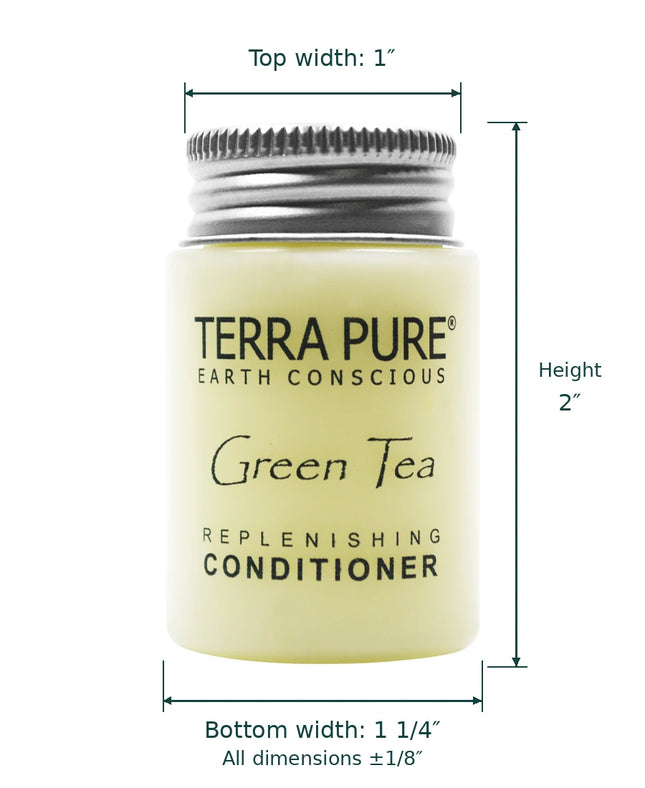 A small jar of Terra Pure Earth Conscious Green Tea Replenishing Conditioner with dimension lines showing top width 1 inches, height 2 inches, and bottom width 1 1/4 inches on a white background.