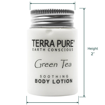 A white cylindrical bottle of Terra Pure Earth Conscious Green Tea Soothing Body Lotion with a silver screw cap, shown with dimension lines and text indicating top width 1", height 2", and bottom width 1 1/4".