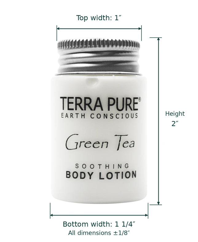 A white cylindrical bottle of Terra Pure Earth Conscious Green Tea Soothing Body Lotion with a silver screw cap, shown with dimension lines and text indicating top width 1", height 2", and bottom width 1 1/4".