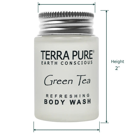A frosted glass bottle of Terra Pure Earth Conscious Green Tea Refreshing Body Wash with a silver metal cap, shown with dimension lines and text indicating its top width, height, and bottom width on a white background.