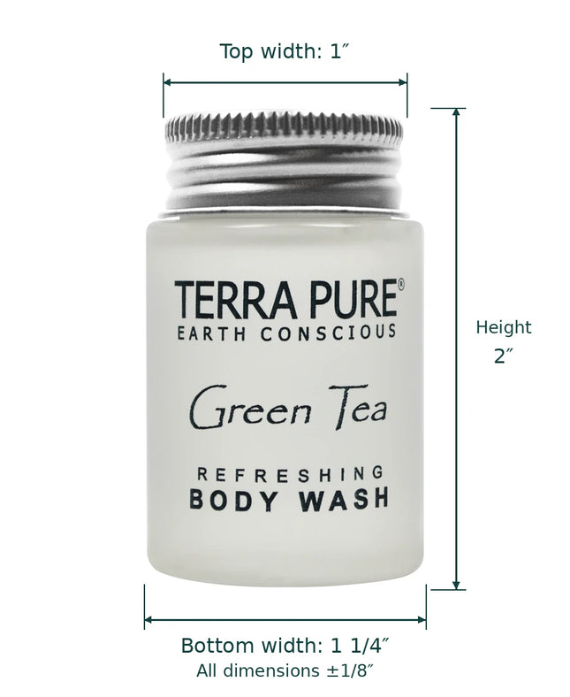 A frosted glass bottle of Terra Pure Earth Conscious Green Tea Refreshing Body Wash with a silver metal cap, shown with dimension lines and text indicating its top width, height, and bottom width on a white background.