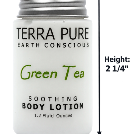 A white cylindrical bottle of Terra Pure Earth Conscious Green Tea Soothing Body Lotion with a silver metal cap, shown with dimension arrows and text indicating top, height, and bottom measurements.