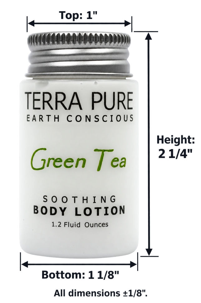 A white cylindrical bottle of Terra Pure Earth Conscious Green Tea Soothing Body Lotion with a silver metal cap, shown with dimension arrows and text indicating top, height, and bottom measurements.