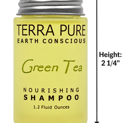 A bottle of Terra Pure Earth Conscious Green Tea Nourishing Shampoo with overlaid dimension lines showing top, height, and bottom measurements on a white background.
