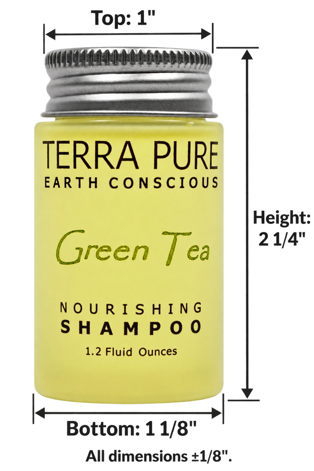 A bottle of Terra Pure Earth Conscious Green Tea Nourishing Shampoo with overlaid dimension lines showing top, height, and bottom measurements on a white background.