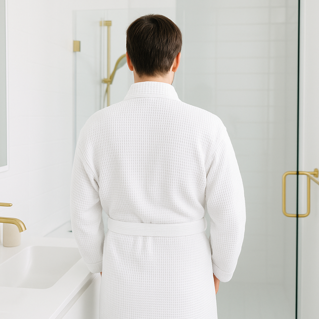 Person wearing a white bathrobe in a bathroom setting.