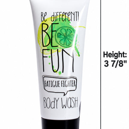 A white body wash tube with a black cap, featuring green and yellow graphic accents and text including 'Be Different! Be Fun' and 'Fatigue Fighter'. The image includes dimension lines and labels showing the top, height, and bottom measurements.