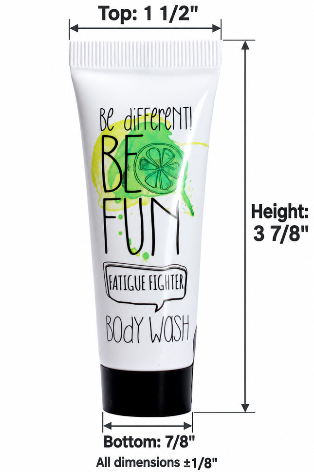 A white body wash tube with a black cap, featuring green and yellow graphic accents and text including 'Be Different! Be Fun' and 'Fatigue Fighter'. The image includes dimension lines and labels showing the top, height, and bottom measurements.