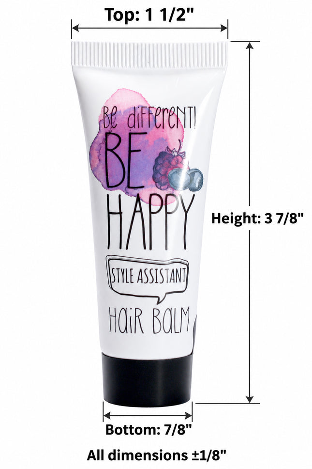 A white tube of hair balm with a black cap, featuring a pink and purple berry graphic and the text 'BE HAPPY' and 'STYLE ASSISTANT HAIR BALM'. The image includes dimension lines and text showing the product's height, top, and bottom measurements.