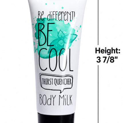 A white squeeze tube of Thirst Quencher Body Milk with a black cap, featuring a teal watercolor graphic and the text 'BE COOL' on the front. The image includes dimension lines and text indicating the top, height, and bottom measurements of the tube.