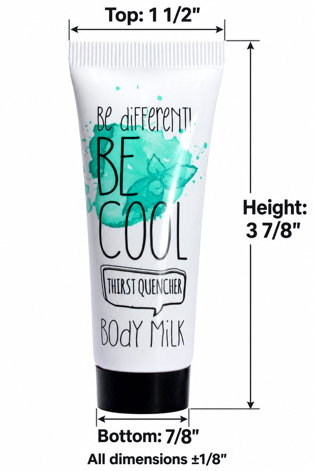 A white squeeze tube of Thirst Quencher Body Milk with a black cap, featuring a teal watercolor graphic and the text 'BE COOL' on the front. The image includes dimension lines and text indicating the top, height, and bottom measurements of the tube.