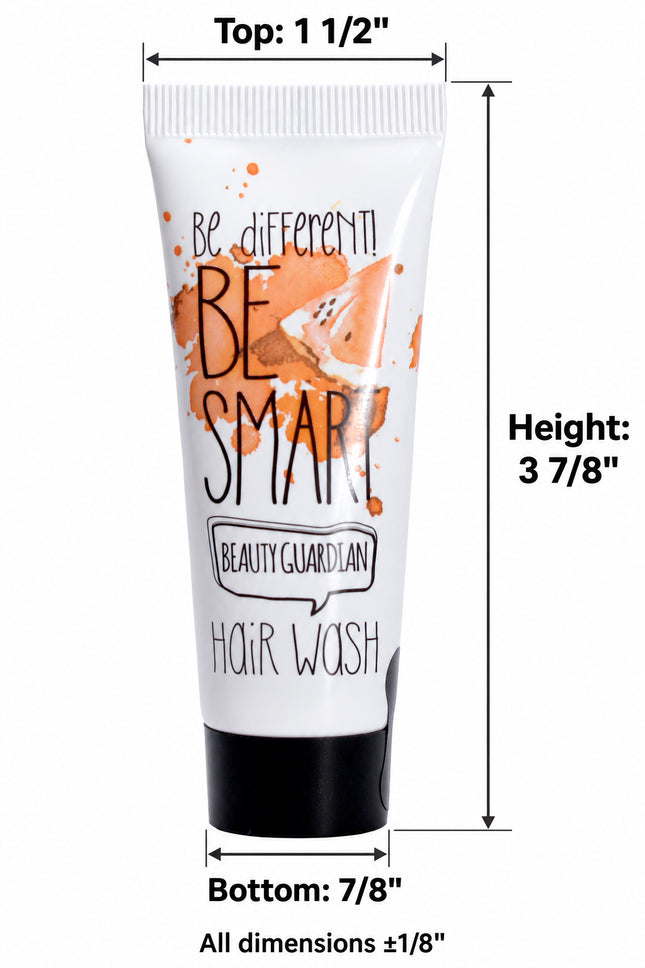A white tube of Hair Wash with orange paint splatter graphics and black text, including the brand 'Beauty Guardian'. The image features dimension lines and text indicating the product's height (3 7/8"), top width (1 1/2"), and bottom width (7/8").