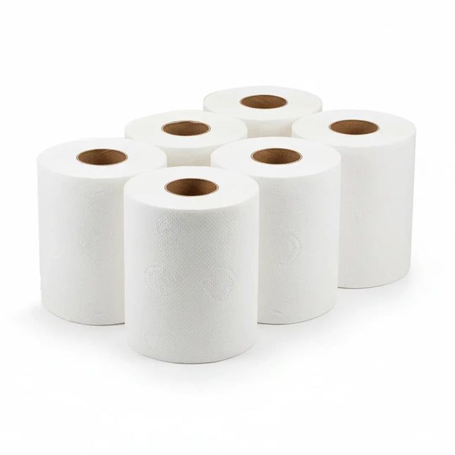 Six white paper towels rolls on a white background
