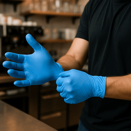 Person wearing blue gloves in a kitchen setting