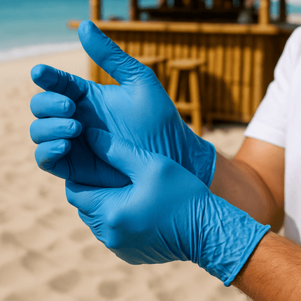 Person wearing blue gloves with a beach and wooden deck in the background