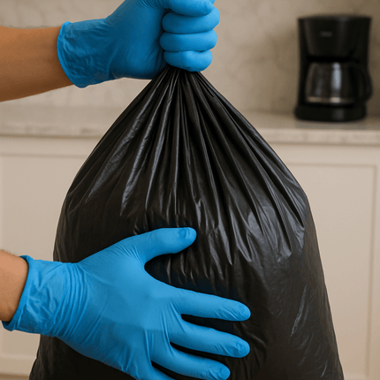 Person wearing blue gloves holding a black trash bag in a kitchen setting.