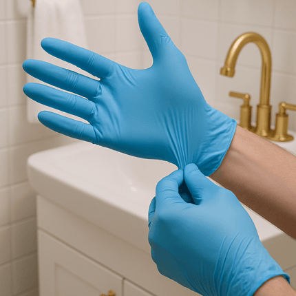Person putting on a blue glove in a bathroom setting