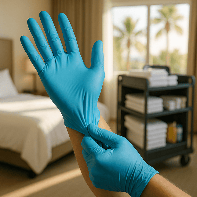 Person putting on a blue glove in a room with a bed and cleaning cart.