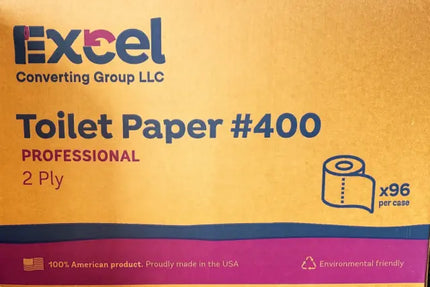 Box of Excel Toilet Paper #400 with branding and product details on a yellow background