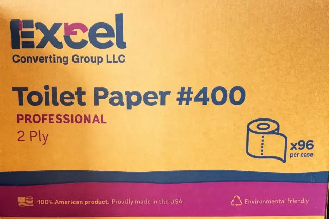 Box of Excel Toilet Paper #400 with branding and product details on a yellow background