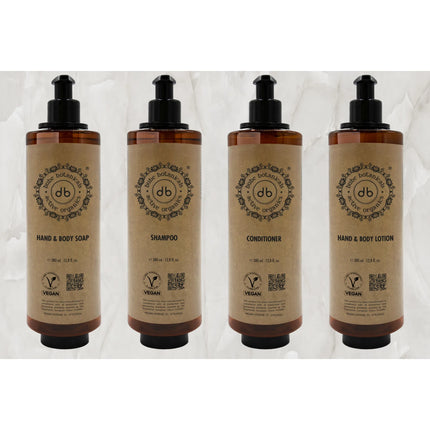 Bube Botanicals 380 ml pump bottle collection: Hand & Body Soap, Shampoo, Conditioner and Hand & Body Lotion