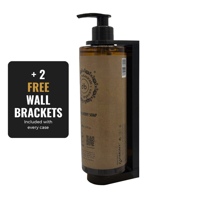 Bube pump bottle mounted in a black wall bracket – 2 FREE wall brackets included with every case