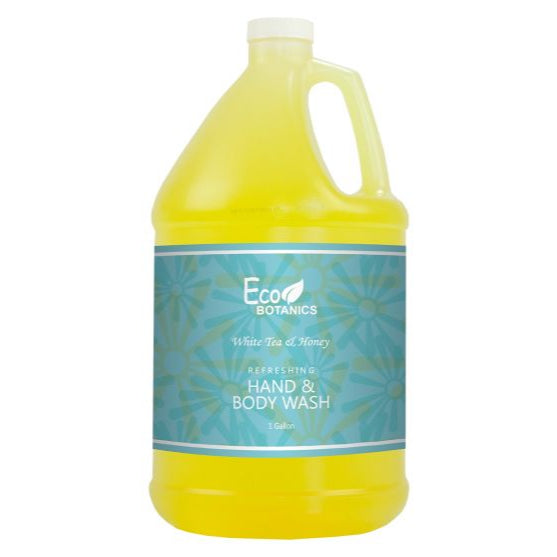 Eco Botanics Body Wash Gallons in refreshing white tea and honey scent, perfect for a luxurious shower experience.