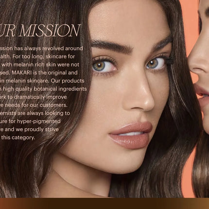 A close-up beauty advertisement featuring two women with long dark brown hair and nude lips against a peach background, with the text 'OUR MISSION' and a paragraph of copy on the left.