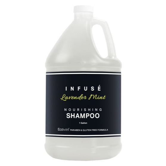Infuse Lavender Mint Shampoo Gallons provide a soothing cleanse, enriched with organic aloe vera for soft, revitalized hair.